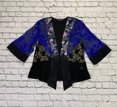 Violet Kay Women’s Size Medium Kimono Topper Jacket Mixed Media Floral Lace Silk • $49.99