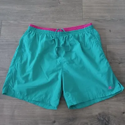 VINTAGE 80's Hobie Shorts Mens Large Swim Trunks Teal Green Pink Windbreaker • $12.99