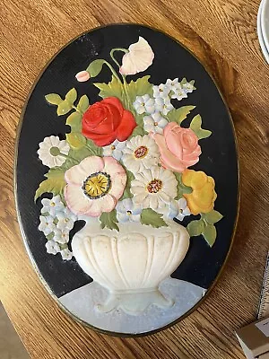 Vintage Chalkware Flowers In A Pot Wall Plaque Very Pretty No.311 • $9.99