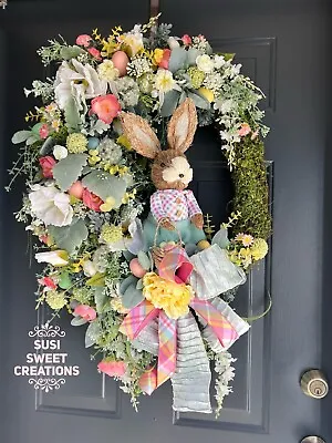 Easter Moss Wreath For Front Door Bunny Rabbit Decor Spring Bunny Wreath • $224.99