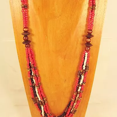 30  Long Multi Strand Red Handmade Coco Bead Wood Seed Bead Necklace • $5.99