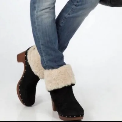 UGG LYNNEA BLACK Suede WOOD Heel SHERPA STUDDED CLOG BOOTS US 9 • $60