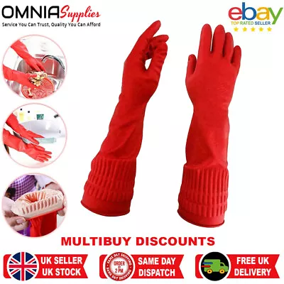 Durable Rubber Cleaning Gloves Latex Long Sleeve Non-slip Work Household Kitchen • £4.15
