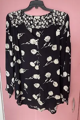 Fat Face Ladies Blouse XL Black With White Flowers Used VGC Long Sleeve • £4.99