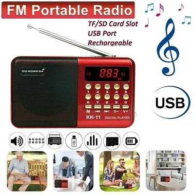 Mini Digital Music Player Portable Radio Rechargeable MP3 FM USB SD Card Speaker • £10.65