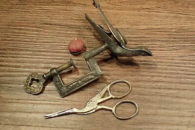 Antique Embossed Victorian Sewing Bird Clamp Pin Cushion And German Scissors • $75