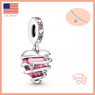 Authentic Pink Heart Dangle Charm Sterling Silver Gift Women Charm Bracelets • $19.99