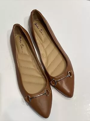 Graca Me Too Brand Flats Leather Gold Metal Accent New Women Caramel Tan Brown • $48