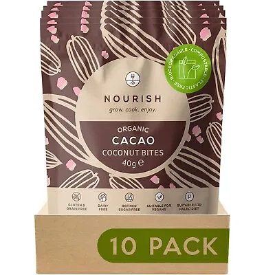 Cacao Nibs Coconut Bites Gluten Free Organic Snack 10 X 40g Vegan DATED 10/22 • £16.99