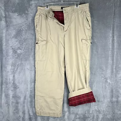 Eddie Bauer Flannel Lined Pants Mens 35x28 Beige Cargo Hiking Chino Relaxed Fit • $24