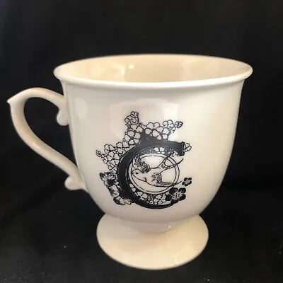 Anthropologie MISSUS Initial C Monogram Bird Flowers White Black Pedestal Mug • $10.99