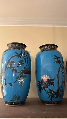 Beautiful Japanese Meiji Period Cloisonne Vases Blue Birds & Dog! 12  Tall • $999.99