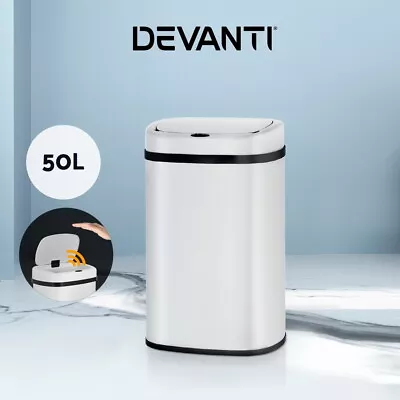 Devanti 50L Sensor Bin Motion Rubbish Automatic Trash Can Kitchen White • $59.95