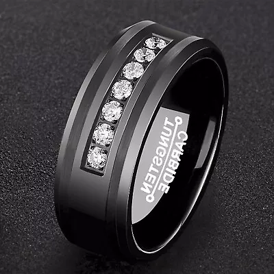 Black Tungsten Carbide Ring CZ Diamonds Inlay Comfort Fit Men Wedding Band VBFOT • $14.99