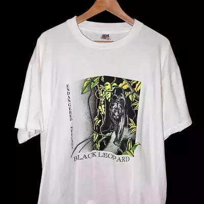 VTG 90s Endangered Species Black Leopard Graphic Art Animal Nature T Shirt XL • $13.53