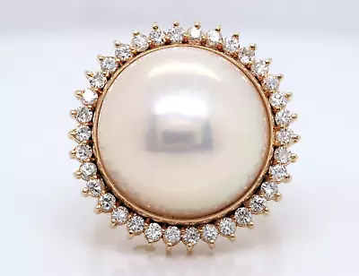 Mabe Pearl 16mm  14K Yellow Gold 0.70 Ct Round Cut Diamond Halo Ring • $1100