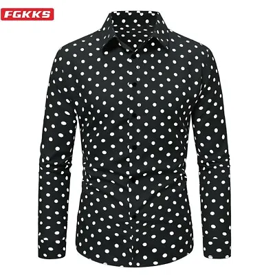 Men's Casual Polka Dot Shirt Cotton Shirt Button Down Slim Fit Long Sleeve • £14.99