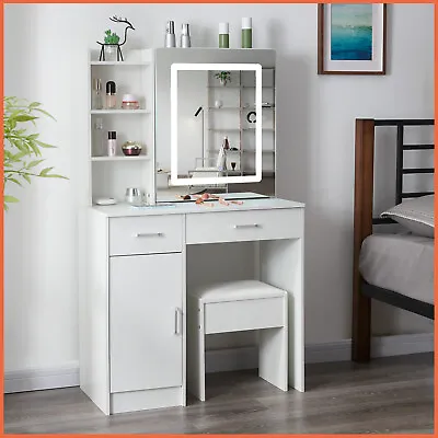 Modern Dressing Table W/ LED Touch Control Mirror Drawer Vanity Makeup Stool Set • £148.78