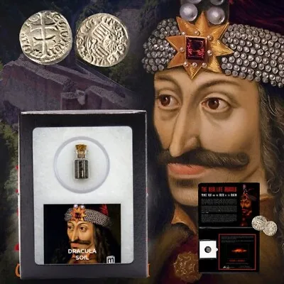 Genuine Vial Dracula Soil & Ancient Silver Dinar Coin Of Dracula Album. COA. • $250