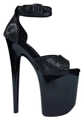 HUSTLER By XTRA Dita Crystal Rhinestone Black High Heels Shoes Stripper Dancer • £38.01