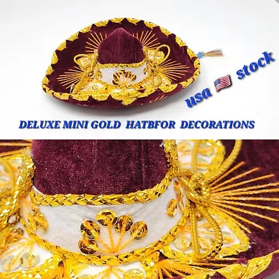 Burgundy And  Gold Deluxe Mini Mexican Sombreros 8 Inches Wedding Hat • $19.99