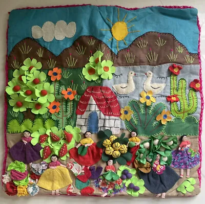 Mexican Folk Art Fabric Village Garden Wall Hanging 18 In Dimensional Textile • $54