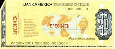 $20 Bank America Travelers Cheque - American Bank Note Specimen - American Bank  • $75