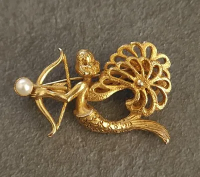 Vintage Mermaid Faux Pearl Gold Tone Pin Bow And Arrow With Pearl Unusual Unsign • $34.99