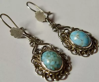 Vtge Mexican Sterling Silver Filagree Faux Turquoise  Drop Earrings Eagle #65 • $33.75