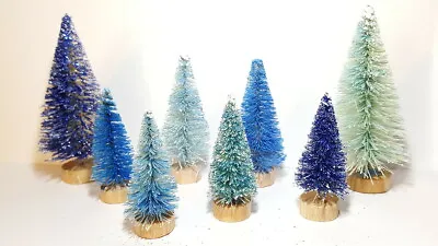 LOT 8 Mini Assorted BLUE & Metallic Miniature Sisal Bottle Brush Christmas Trees • $22.95