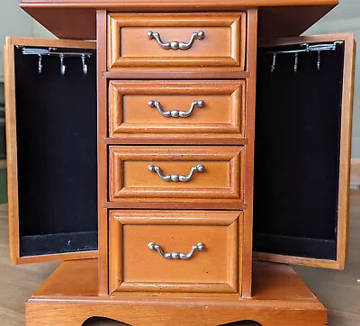 Vintage Wooden Armoire Jewelry Box - Swing Out Doors - Exc Condition MAKE OFFER • $33