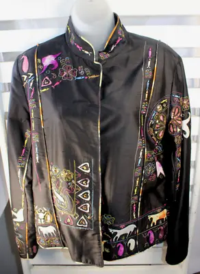 Anage Too Womens Size Medium Black Silk Embroidered Mandarin Collar Jacket • $44.99