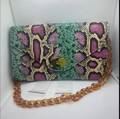 H&M Python Pattern Clutch Shoulder Purse Pink Turquoise With Tortoise Strap • $15