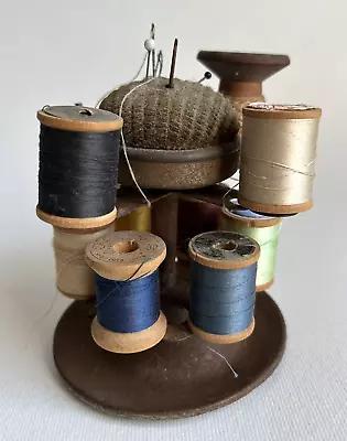 Vintage Sewing Spool Holder Two-Tier Top Pin Cushion Metal Carousel And Thread • $74.99