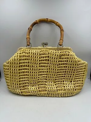 Vtg RAFFIA Straw Woven Handbag Wood Handles Japan Yellow Bamboo Handle Clasp 60s • $24.99