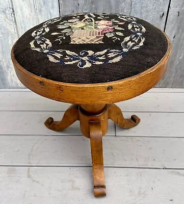 Antique Victorian Oak Round Piano Foot Stool W/ Needlepoint Seat C. 1880 • $195