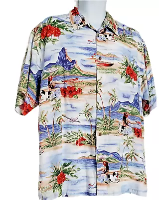 Big Dogs Shirt Mens L Hawaiian Print Button Up 100% Rayon Beach Girl Flower VTG • $12.90