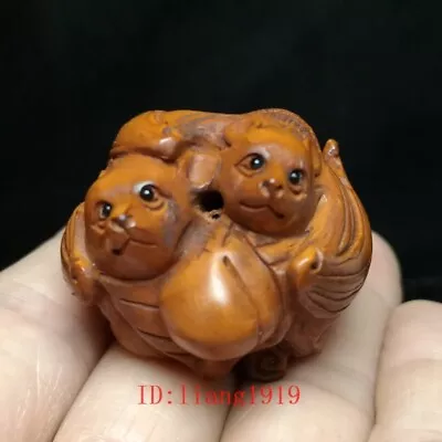 Old Japanese Boxwood Hand Carved Peach Two Bat Household Statue Netsuke 1.6 Inch • £23.99