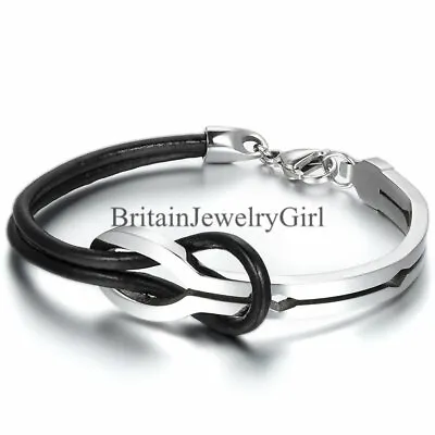 Men Women Half Cuff Love Infinity Black Leather Stainless Steel Bangle Bracelet • $10.99