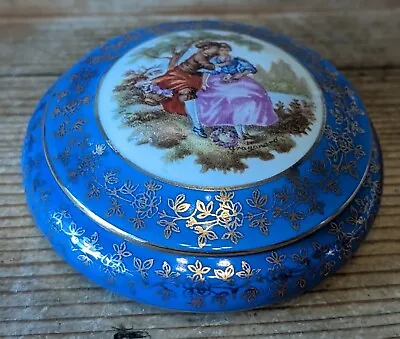 Vintage Meissner Limoges Circular Trinket Box Fragonard Scene 8cm D. • £4.99