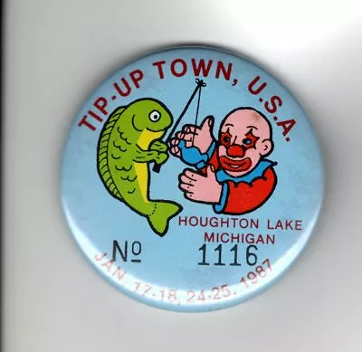 1987 Tip Up Town Badge Pin Pinback-michigan Dnr Deer Bear Fishing Patch License • $4.99