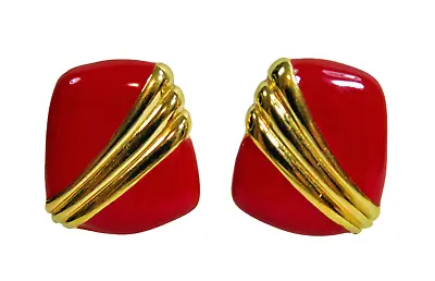 Vintage MONET Signed Red Enamel Gold Tone Clip-On 1  X 3/4  Signed Earrings • $12