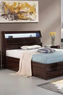 Dark Walnut Color High Gloss Wooden Ottoman Storage Bed With Led And 2 Usb Ports • £695