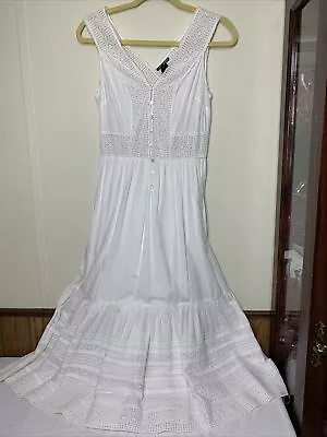 Vintage Lucky Brand White Cotton Dress Tiered Ruffle Crochet Size Medium Stretch • $46