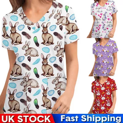 £4.79 • Buy Women Easter Bunny Print Nursing Uniform Scrub Short Sleeve V Neck T-Shirt Tops