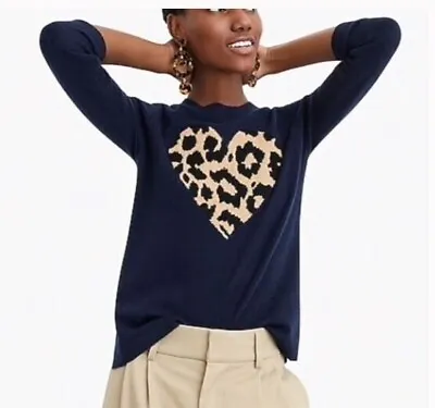 J. Crew Everyday Cashmere Crewneck Sweater With Leopard Heart Size XS Navy Blue • $25