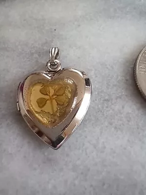 Vintage Sterling Silver Heart 4 Leaf Cover Resin Photo Locket Pendant Signed • $14.99