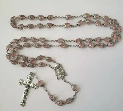 Vtg Sterling Silver Pink Glass Rosary Beads All Capped 23in Mary Medal Crucifix  • $55