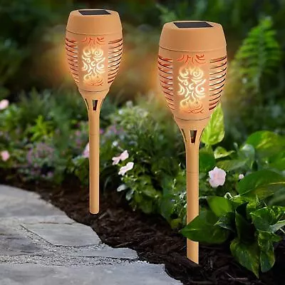 2 X Solar 36 LED Dancing Flame Torch Stake Light Flickering Garden Lights Beige • £11.95