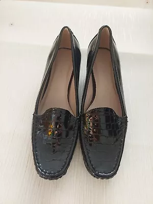 M&S Footglove Ladies Black Smart Low Heel Leather Court Shoes Shiny Look Uk 6 • £19